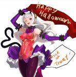  1girl animal_ears bangs bare_shoulders black_legwear blush breasts capcom_fighting_jam cat_ears cat_tail collar commentary_request covered_navel gloves hairpods happy_halloween highres ingrid leotard long_hair looking_at_viewer one_eye_closed open_mouth pantyhose purple_gloves red_eyes simple_background sketch skin_tight sleeveless smile solo tail tetsu_(kimuchi) trick_or_treat white_background white_hair 