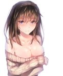  1girl bare_shoulders black_hair blue_eyes breasts cleavage closed_mouth collarbone commentary_request dress eyebrows eyebrows_visible_through_hair hairband highres hplay idolmaster idolmaster_cinderella_girls large_breasts long_hair looking_at_viewer off_shoulder sagisawa_fumika shiny shiny_skin simple_background solo sweater sweater_dress upper_body white_background 