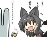  1girl animal_ears arms_up artist_self-insert bangs blush_stickers check_translation chibi choker commentary_request dress fang gomasamune hair_between_eyes halloween long_sleeves open_mouth original parted_bangs rabbit sketch tail translation_request white_background wolf_ears wolf_tail 