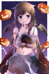  1girl :q ahoge alternate_costume bandages black_hair blue_eyes braid commentary_request crossed_legs hair_flaps hair_ornament halloween halloween_costume jack-o&#039;-lantern kantai_collection long_hair looking_back nail_polish navel pumpkin purple_background red_nails remodel_(kantai_collection) shigure_(kantai_collection) sitting solo spider_web_print stomach tongue tongue_out torn_clothes twitter_username yukichi_(eikichi) 