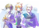  1girl 2boys bald facial_hair green_eyes iesupa multiple_boys mustache open_mouth orange_hair penny_polendina ribbon rwby smile yellow_eyes 