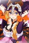  1girl bare_shoulders blonde_hair blush braid breasts cleavage detached_sleeves fate/apocrypha fate/grand_order fate_(series) hat helmet highres long_hair open_mouth purple_legwear ruler_(fate/apocrypha) solo vane violet_eyes witch_hat 