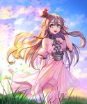  1girl absurdres armlet blonde_hair blue_sky braid clouds doyoom dress grass green_eyes hairband halterneck highres long_hair motion_blur open_mouth original pink_dress shiny sky smile solo sunlight sunset 