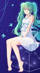  1girl barefoot blue_eyes butterfly dress feet green_hair hands_on_lap hatsune_miku long_hair looking_at_viewer muko_(kokia38) see-through sitting smile solo twintails very_long_hair vocaloid white_dress 