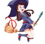  1girl :d akko_kagari amida_desuyo blue_boots blue_robe blue_shirt blue_skirt blush boots broom broom_riding brown_hair collared_shirt commentary_request green_ribbon happy hat hat_ribbon little_witch_academia long_hair long_sleeves neck_ribbon open_mouth red_belt red_eyes red_ribbon ribbon shirt simple_background skirt smile teeth white_background wide_sleeves witch_hat 