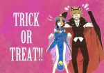  1boy 1girl :o animal_ears bangs black_hair black_pants black_vest blank_eyes blank_stare blonde_hair blush breasts brown_eyes cape cape_lift cat_ears china_dress chinese_clothes cleavage cleavage_cutout detached_collar detached_sleeves dress english fang fangs frilled_sleeves frills halloween halloween_costume hamazura_shiage high_collar hips jiangshi medium_breasts ofuda open_mouth outstretched_arms pants pelvic_curtain pink_background saiba_(henrietta) shirt short_hair side_slit standing takitsubo_rikou to_aru_majutsu_no_index vampire_costume white_shirt wide_sleeves yin_yang 