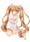  1girl absurdres artist_request bare_shoulders brown_eyes brown_hair highres jewelry long_hair naked_towel necklace simple_background smile solo the_last_summoner towel twintails very_long_hair wet white_background 