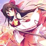  1girl black_hair bow detached_sleeves dutch_angle hair_between_eyes hair_bow hair_ornament hakurei_reimu highres holding japanese_clothes lace-trimmed_sleeves long_hair looking_at_viewer miko outdoors red_bow red_eyes red_shirt red_skirt ringonotane shirt skirt smile solo touhou 