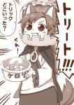  1girl animal_ears blush bowl candy cloak costume fang food halloween imaizumi_kagerou monochrome open_mouth poronegi pumpkin solo tail touhou translation_request wolf_ears wolf_tail younger 