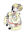  1girl aku_no_musume_(vocaloid) blonde_hair blue_eyes chibi crown dress evillious_nendaiki flower frilled_dress frills hair_ornament hairclip ichi_ka kagamine_rin mini_crown open_mouth orange_ribbon outstretched_hand pigeon-toed puffy_dress ribbon rose smile updo vocaloid yellow_dress 