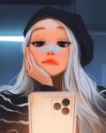  1girl black_headwear blue_eyes closed_mouth hand_on_own_face hat highres holding holding_phone lips long_hair looking_at_phone phone sam_yang solo white_hair 
