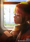  1girl artist_name bag blue_sky closed_eyes closed_mouth copyright_name day eyelashes from_side glasses ground_vehicle lens_flare lips magion02 ms.assistant nose original power_lines profile round_glasses sky solo sunlight sweater telephone_pole train train_interior 