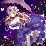  1girl bare_shoulders blonde_hair breasts butterfly cleavage dress eyeball gap hat hat_ribbon highres long_hair mob_cap note_(aoiro_clip) parasol puffy_short_sleeves puffy_sleeves purple_dress ribbon short_sleeves smile solo touhou umbrella violet_eyes yakumo_yukari 