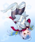  1girl blue_background blue_hair blue_legwear boots breasts covered_navel doyouwantto high_heels long_hair looking_at_viewer pantyhose red_eyes signature solo striped striped_legwear thigh-highs thigh_boots upside-down white_background 