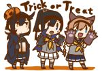  &gt;:o 3girls :o akizuki_(kantai_collection) animal_ears betchan black_hair blue_eyes braid brown_eyes cape chibi commentary_request fake_animal_ears fang gloves hair_flaps halloween_costume hatsuzuki_(kantai_collection) kantai_collection lantern light_brown_hair long_hair multiple_girls neckerchief paw_gloves pleated_skirt ponytail pumpkin_hat sailor_collar skirt teruzuki_(kantai_collection) trick_or_treat white_background wolf_ears 