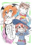  1boy 2girls bare_shoulders bat_print bat_wings breasts brown_hair cleavage company_connection cosplay crying facial_hair family father_and_daughter finger_to_mouth flying_teardrops frankenstein&#039;s_monster_(cosplay) halloween halloween_costume hat head_wings jacket keiji_(uchuu_patrol_luluco) lalaco_godspeed leotard little_witch_academia luluco mago morrigan_aensland_(cosplay) mother_and_daughter multiple_girls redhead short_hair signature simple_background stitches stubble uchuu_patrol_luluco vampire_(game) wavy_mouth white_background wings witch witch_hat 