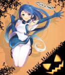  1girl armpits bare_shoulders blue_eyes blue_gloves blue_hair commentary_request elbow_gloves eyebrows gloves halloween halloween_costume happy_halloween highres kantai_collection long_hair looking_at_viewer open_mouth pantyhose pumpkin samidare_(kantai_collection) solo tebi_(tbd11) thighband_pantyhose trick_or_treat white_apron white_legwear 