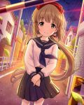  1girl artist_request bird black_skirt bow brown_eyes brown_hair hair_bow houses idolmaster idolmaster_cinderella_girls leaf long_hair official_art ponytail road school_uniform serafuku skirt solo street tree very_long_hair wind yorita_yoshino 