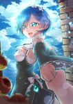  1girl :d apple blue_eyes blue_hair blue_sky blurry brick_wall carillus clouds cloudy_sky depth_of_field detached_sleeves food fruit hair_ornament hairpin highres holding_hands lens_flare looking_at_viewer looking_to_the_side maid maid_headdress open_mouth pov re:zero_kara_hajimeru_isekai_seikatsu rem_(re:zero) short_hair sky smile 