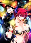  2girls alternate_costume alternate_hairstyle bikini black_bikini black_hair braid breasts candy cleavage collarbone cowboy_shot demon_girl demon_horns demon_tail french_braid front-tie_bikini front-tie_top glasses grey_eyes halloween hat heart_tattoo highres horns ishida_akira jack-o&#039;-lantern large_breasts licking lollipop maid-chou_(maoyuu) maou_(maoyuu) maoyuu_maou_yuusha medium_breasts multiple_girls navel pink_eyes pulled_by_self redhead rimless_glasses shawl short_hair side-tie_bikini star_tattoo stole stomach strap_pull swimsuit tail tattoo tongue tongue_out under_boob witch witch_hat 