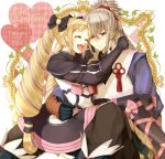  1boy 1girl bangs blonde_hair blush boots bow capelet character_name closed_eyes delsaber dress earrings elise_(fire_emblem_if) embarrassed fire_emblem fire_emblem_if gloves grey_hair hair_bow happy heart hetero hug japanese_clothes jewelry long_hair open_mouth orange_eyes pants ponytail puffy_sleeves ribbon sitting sitting_on_lap sitting_on_person takumi_(fire_emblem_if) thigh-highs thigh_boots twintails very_long_hair zettai_ryouiki 