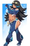  1girl black_hair blue_eyes blue_hair breasts dark_skin hair_over_one_eye highres izumi_(pokemon) lips long_hair medium_breasts moisture_(chichi) multicolored_hair poke_ball pokemon solo thighs two-tone_hair 