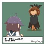  apron barefoot brown_eyes brown_hair cape capriccyo chibi fang hair_flaps halloween head_wings i-401_(kantai_collection) kantai_collection one-piece_tan open_mouth purple_hair school_uniform serafuku smile sweatdrop swimsuit taigei_(kantai_collection) tan tanline translation_request twitter_username 