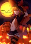  1girl ahoge bat black_cape black_hat black_skirt blonde_hair bow brooch cowboy_shot flandre_scarlet frilled_gloves frilled_skirt frills full_moon garter_straps gloves hair_between_eyes halloween hand_on_headwear happy_halloween hat hat_bow highres jack-o&#039;-lantern jewelry looking_at_viewer moon navel open_clothes orange_gloves pointy_ears red_bow red_eyes see-through skirt smile solo striped striped_legwear tenneko_yuuri touhou witch_hat 