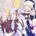  1boy 2girls bell black_gloves black_hair blonde_hair blush breasts capelet elbow_gloves fate/apocrypha fate/grand_order fate_(series) fujimaru_ritsuka_(male) gloves hair_ribbon hat headpiece helmet jeanne_alter jeanne_alter_(santa_lily)_(fate) long_hair looking_at_viewer multiple_girls ribbon ruler_(fate/apocrypha) ruler_(fate/grand_order) saber saber_alter santa_alter santa_costume santa_hat short_hair smile thigh-highs yellow_eyes 