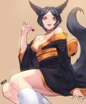  1girl animal_ears artist_name beige_background black_hair breasts candy cleavage eyeliner fox_ears fox_tail hayami_kanade highres idolmaster idolmaster_cinderella_girls japanese_clothes jjune kimono kneehighs lollipop looking_at_viewer makeup saliva saliva_trail short_hair simple_background slit_pupils solo tail tongue tongue_out white_legwear yellow_eyes 