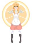  100_percent_orange_juice 1girl absurdres apron artist_request blonde_hair boots brown_eyes dress highres marl_(red_barrel) pantyhose smile solo tied_hair white_background 