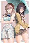  2girls black_hair blue_eyes bra breasts brown_eyes brown_hair cardigan fay koe_no_katachi long_hair multiple_girls nishimiya_shouko plaid plaid_skirt pleated_skirt rain school_uniform serafuku short_hair skirt ueno_naoka umbrella underwear wet wet_clothes 