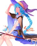  1girl absurdres belt_pouch blouse blue_eyes blue_hair braid breasts cape closed_mouth commentary_request covered_nipples cowboy_shot gem hair_between_eyes hair_ornament hair_ribbon hand_on_headwear hat highres holding holding_staff jewelry knees_together_feet_apart long_hair mushoku_tensei orange_ribbon pouch purple_hat ribbon roxy_migurdia ryokucha_(i_cobalt) simple_background sitting solo staff twin_braids very_long_hair white_background wind witch_hat 