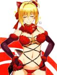  1girl animal_ears bare_shoulders breasts cleavage closed_eyes elbow_gloves fate/extra fate/grand_order fate_(series) gloves hands_on_hips highres medium_breasts navel nirai_kanai saber_extra shielder_(fate/grand_order) shielder_(fate/grand_order)_(cosplay) simple_background solo white_background wolf_ears 