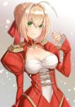  1girl absurdres ahoge blonde_hair breasts cleavage collarbone dress fate/extra fate_(series) green_eyes hair_ribbon highres looking_at_viewer medium_breasts red_ribbon ribbon saber_extra short_hair smile solo 