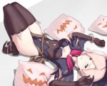  1girl alternate_costume black_legwear blonde_hair blue_eyes boots bracelet earrings hat highres jack-o&#039;-lantern jewelry looking_at_viewer lying mercy_(overwatch) on_back overwatch pillow quentin_lecuiller solo thigh-highs witch_hat witch_mercy 