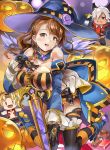  beatrix_(granblue_fantasy) breasts brown_eyes brown_hair detached_sleeves eustace_(granblue_fantasy) gloves granblue_fantasy halloween hat himuro_(dobu_no_hotori) large_breasts long_hair strap_cleavage sword thigh-highs weapon witch_hat zeta_(granblue_fantasy) 