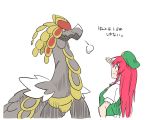  1girl breath crossover dragon green_hat hat hong_meiling kommo-o long_hair noel_(noel-gunso) pokemon pokemon_(creature) pokemon_(game) pokemon_sm puffy_short_sleeves puffy_sleeves redhead salute short_sleeves sketch smile star touhou trait_connection translated 