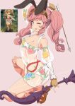  1girl animal_ears bow_(weapon) character_request clearite kneeling one_eye_closed pink_hair rabbit_ears sarashi translucent_dress tree_of_savior twintails weapon 