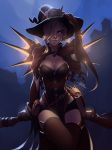  1girl breasts broom broom_riding cleavage hair_over_one_eye hat looking_at_viewer mercy_(overwatch) mike_nesbitt night overwatch solo witch_hat witch_mercy 