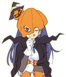  1girl blue_hair cape corset food_themed_hair_ornament gloves hair_ornament halloween_costume hand_on_own_chin hat jack-o&#039;-lantern long_hair looking_at_viewer love_live! love_live!_sunshine!! one_eye_closed pumpkin_hair_ornament pumpkin_mask red_eyes solo tongue tongue_out tsushima_yoshiko upper_body ushiki_yoshitaka white_gloves witch_hat 