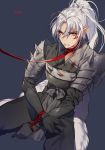  1boy armor artist_name black_gloves blood blood_on_face bloody_clothes blue_background bound bound_wrists collar demon_boy facial_mark fur_trim gloves high_ponytail inu_no_taishou inuyasha japanese_clothes kneeling leash male_focus pointy_ears ponytail side_glance silver_hair simple_background sitting solo sukja yellow_eyes 