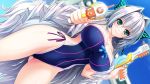  1girl amasaka_takashi aqua_eyes armor bare_shoulders blush breasts cleavage female hair_ribbon holding large_breasts long_hair looking_at_viewer one-piece_swimsuit ribbon silver_hair smile solo swimsuit tiana_havel_netherlands unionism_quartet very_long_hair water_gun 