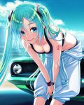  1girl aqua_hair bare_shoulders bent_over black_bra black_panties blue_eyes blue_sky bra breasts car cleavage closed_mouth clothes_around_waist clouds collarbone crop_top day eyebrows eyebrows_visible_through_hair ground_vehicle hair_between_eyes hair_ornament hair_over_shoulder hamada_youho hatsune_miku jumpsuit leaning_on_object lipstick long_hair looking_at_viewer makeup medium_breasts midriff motor_vehicle number off_shoulder outdoors panties shade sky sleeveless smile solo sports_bikini sports_bra standing tank_top tattoo twintails underwear v_arms very_long_hair vocaloid watch watch wristband 