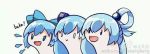  0_0 3girls aqua_(konosuba) blue_hair chibi cirno color_connection hair_color_connection hair_ribbon hat ice ice_wings icebangbang kono_subarashii_sekai_ni_shukufuku_wo! multiple_girls ponytail quincy_(zhan_jian_shao_nyu) ribbon smile smug touhou trait_connection watermark wings zhan_jian_shao_nyu 