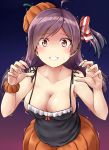 1girl :d ahoge alternate_costume bow breasts brown_eyes brown_hair cleavage collarbone commentary_request cosplay grin hagikaze_(kantai_collection) hair_bow hair_ornament hair_ribbon halloween_costume headwear highres kamelie kantai_collection libeccio_(kantai_collection) libeccio_(kantai_collection)_(cosplay) long_hair looking_at_viewer medium_breasts one_side_up open_mouth pose pumpkin_pants ribbon smile solo spaghetti_strap tearing_up tears 