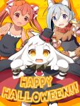  &gt;:o :o ahoge alternate_costume animal_ears brown_eyes brown_hair cape collar collarbone grey_eyes gudon_(iukhzl) halloween halloween_costume hat headwear horns kantai_collection kiyoshimo_(kantai_collection) libeccio_(kantai_collection) long_hair looking_at_viewer mini_hat mini_top_hat mittens navel northern_ocean_hime open_mouth pose shinkaisei-kan silver_hair spaghetti_strap top_hat twintails white_hair white_skin wolf_ears wolf_paws yellow_eyes 