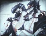  2boys alo_(m-o-k-e-k-e) black_gloves black_hair black_nails blue_eyes chain collar crossed_arms gakuran gas_mask gloves half_gloves hat higashikata_jousuke highres jojo_no_kimyou_na_bouken kuujou_joutarou male_focus multiple_boys nail_polish peace_symbol pin pompadour school_uniform 