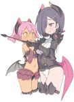  2girls blade_(galaxist) blush boots dark_skin demon_girl demon_wings fang hair_over_one_eye horns low_wings midriff multiple_girls navel open_mouth pink_eyes pink_hair pointy_ears pop-up_story purple_hair revia_serge short_hair skirt smile sweatdrop tail thigh-highs thigh_boots ursula_raiment violet_eyes volteria_dig_platidity volteria_dig_platidity_(cosplay) whip wings yellow_eyes yuri 