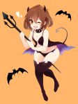  1girl bat black_legwear brow brown_hair costume demon_horns demon_tail folded_ponytail hair_ornament hairclip halloween highres horns ikazuchi_(kantai_collection) kantai_collection makiya_1919 one_eye_closed open_mouth orange_background short_hair simple_background solo tail thigh-highs 